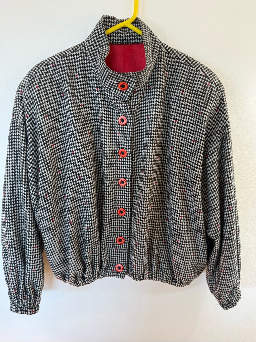 Vintage Houndstooth Black & White Button-Front Jacket with Red Accents